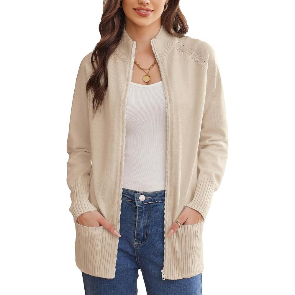 imageGRACE KARIN Womens Long Sleeve Zip Up Knit Cardigan with Pockets Stand Collar Full Zip Sweater Coats Trendy Fall JacketsCream