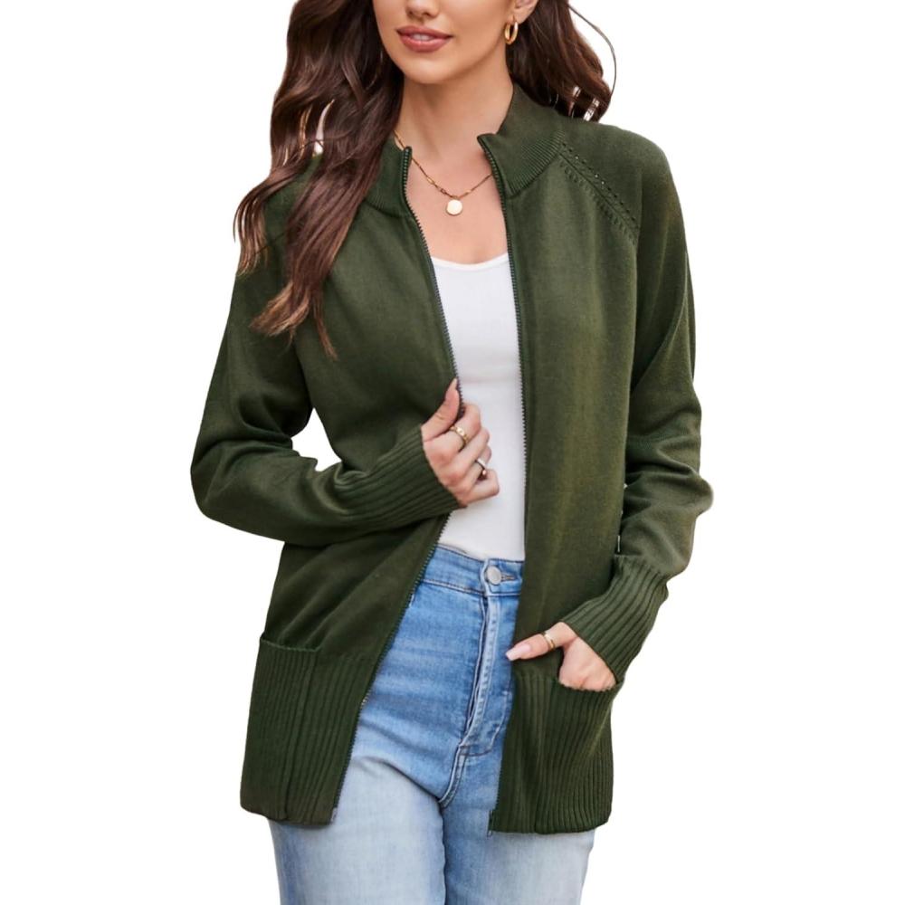 imageGRACE KARIN Womens Long Sleeve Zip Up Knit Cardigan with Pockets Stand Collar Full Zip Sweater Coats Trendy Fall JacketsDark Army Green