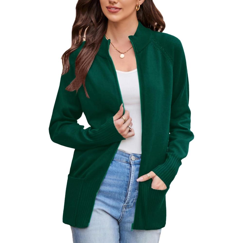 imageGRACE KARIN Womens Long Sleeve Zip Up Knit Cardigan with Pockets Stand Collar Full Zip Sweater Coats Trendy Fall JacketsDark Green