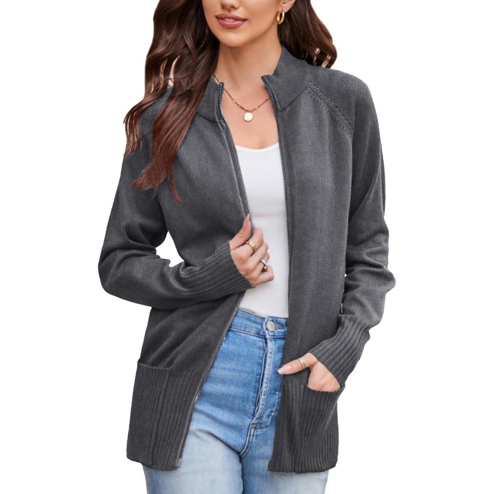 imageGRACE KARIN Womens Long Sleeve Zip Up Knit Cardigan with Pockets Stand Collar Full Zip Sweater Coats Trendy Fall JacketsDeep Heather Grey