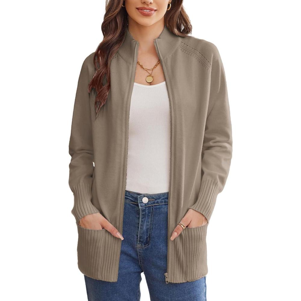 imageGRACE KARIN Womens Long Sleeve Zip Up Knit Cardigan with Pockets Stand Collar Full Zip Sweater Coats Trendy Fall JacketsDeep Khaki