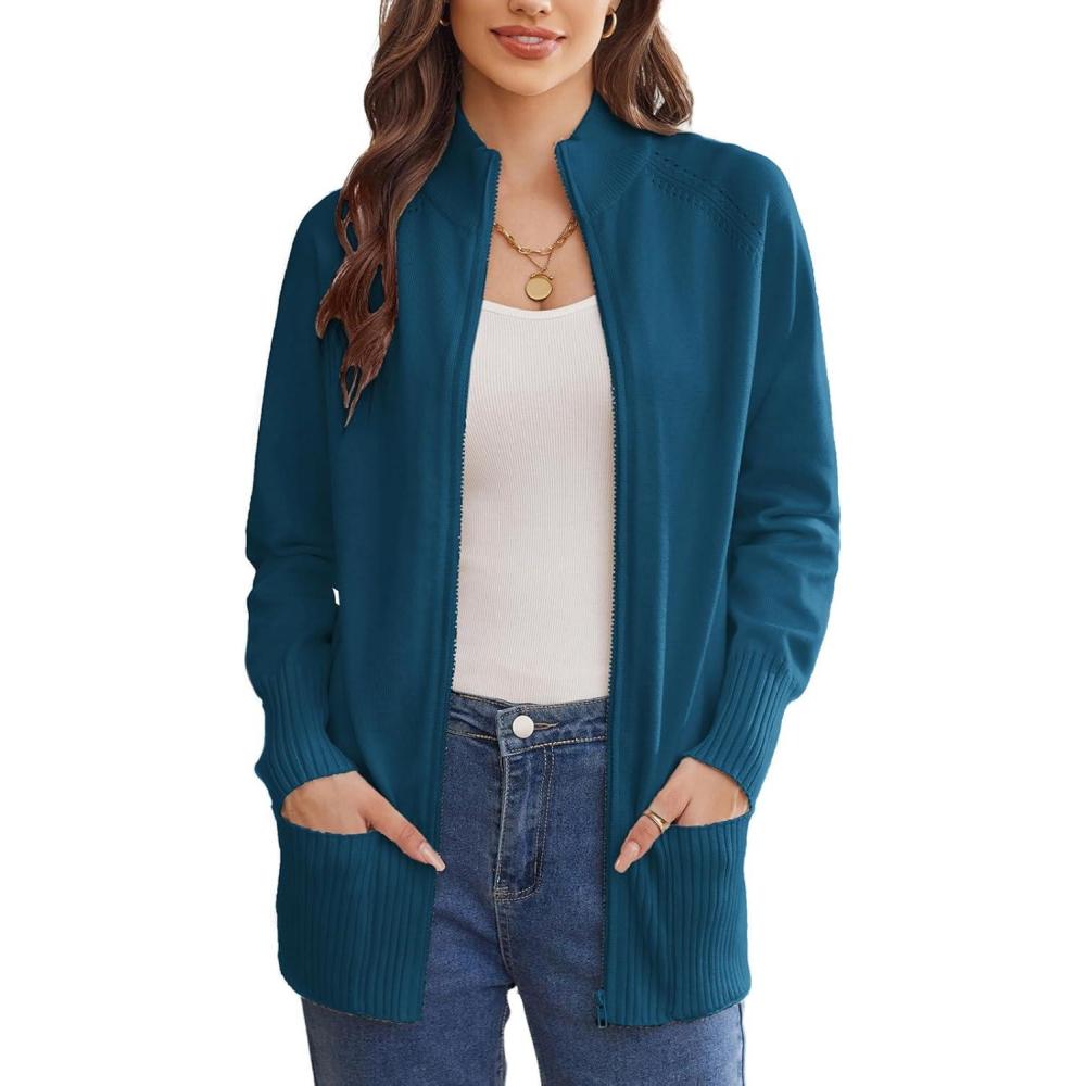 imageGRACE KARIN Womens Long Sleeve Zip Up Knit Cardigan with Pockets Stand Collar Full Zip Sweater Coats Trendy Fall JacketsLake Blue
