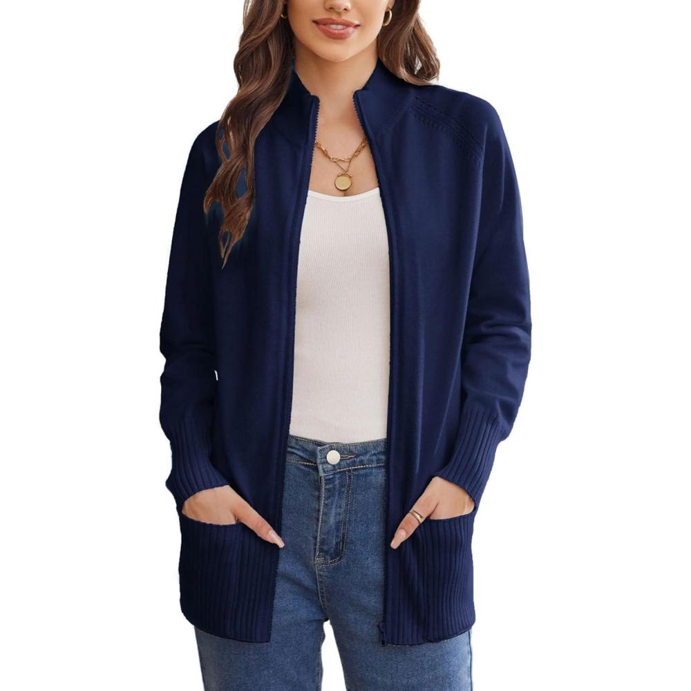 imageGRACE KARIN Womens Long Sleeve Zip Up Knit Cardigan with Pockets Stand Collar Full Zip Sweater Coats Trendy Fall JacketsNavy Blue