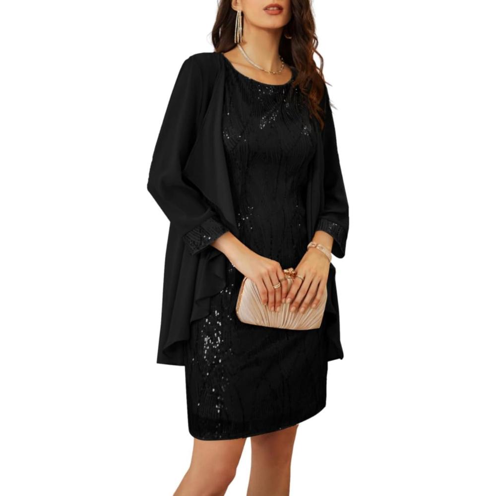 imageGRACE KARIN Womens Sequin Dress Wedding Guest amp Mother of The Bride Formal Dress Two Piece Knee LengthBlack
