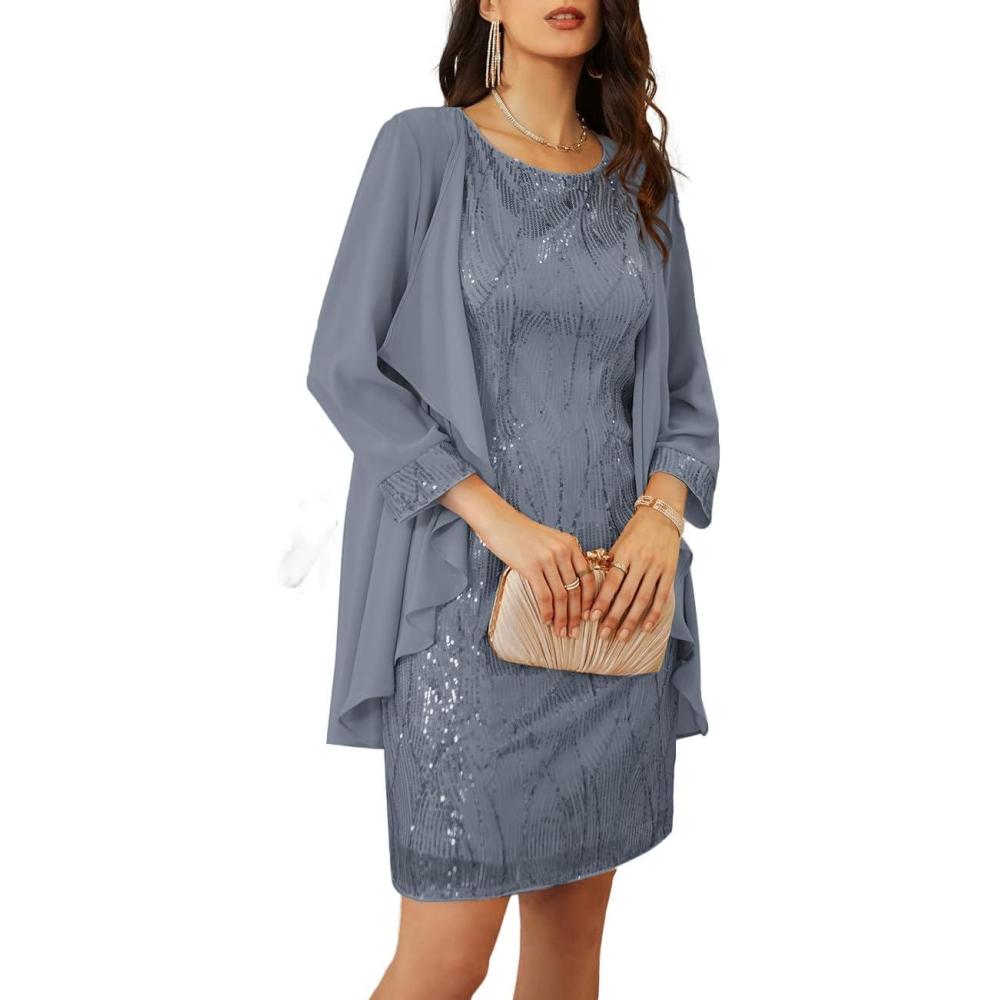 imageGRACE KARIN Womens Sequin Dress Wedding Guest amp Mother of The Bride Formal Dress Two Piece Knee LengthDark Gray