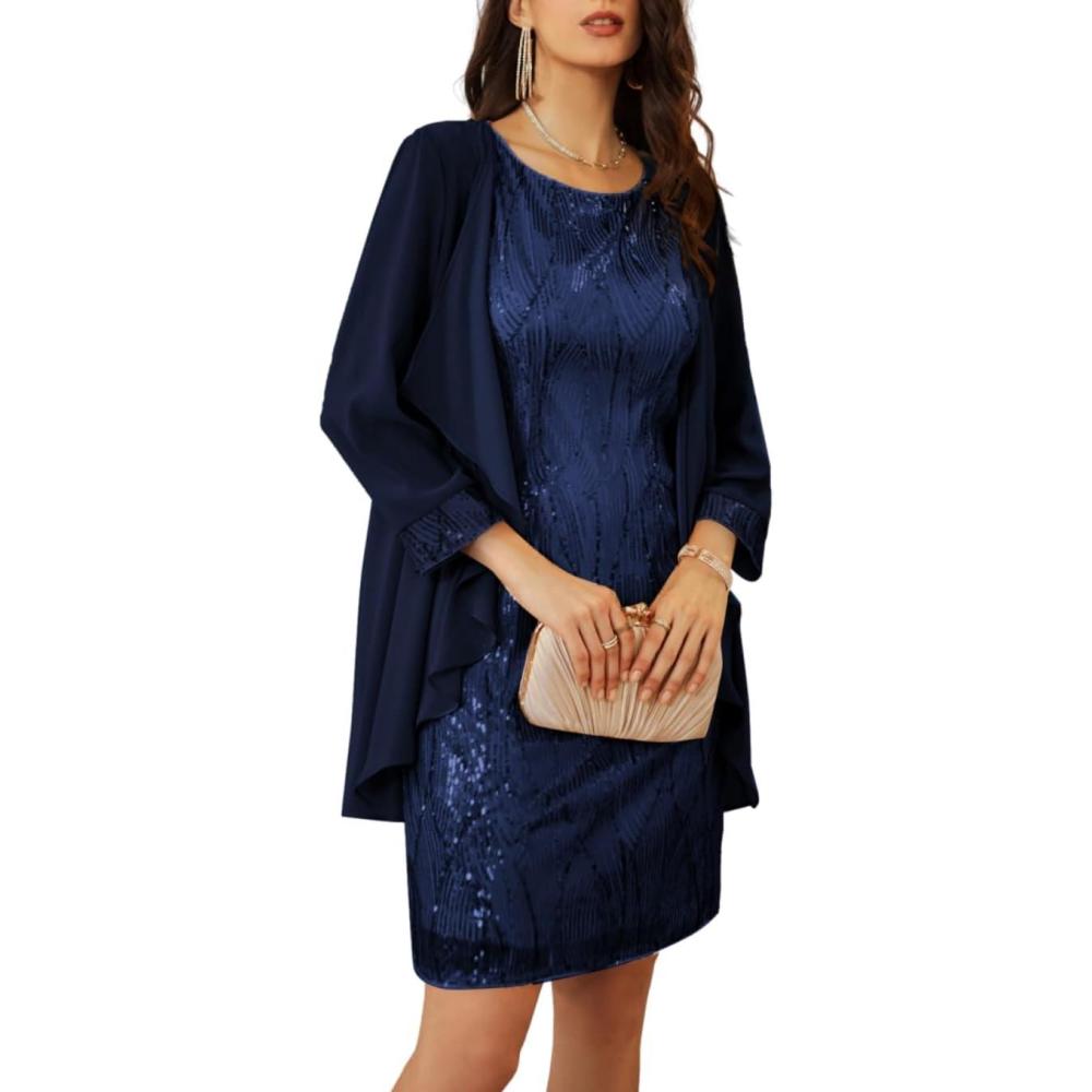 imageGRACE KARIN Womens Sequin Dress Wedding Guest amp Mother of The Bride Formal Dress Two Piece Knee LengthNavy Blue