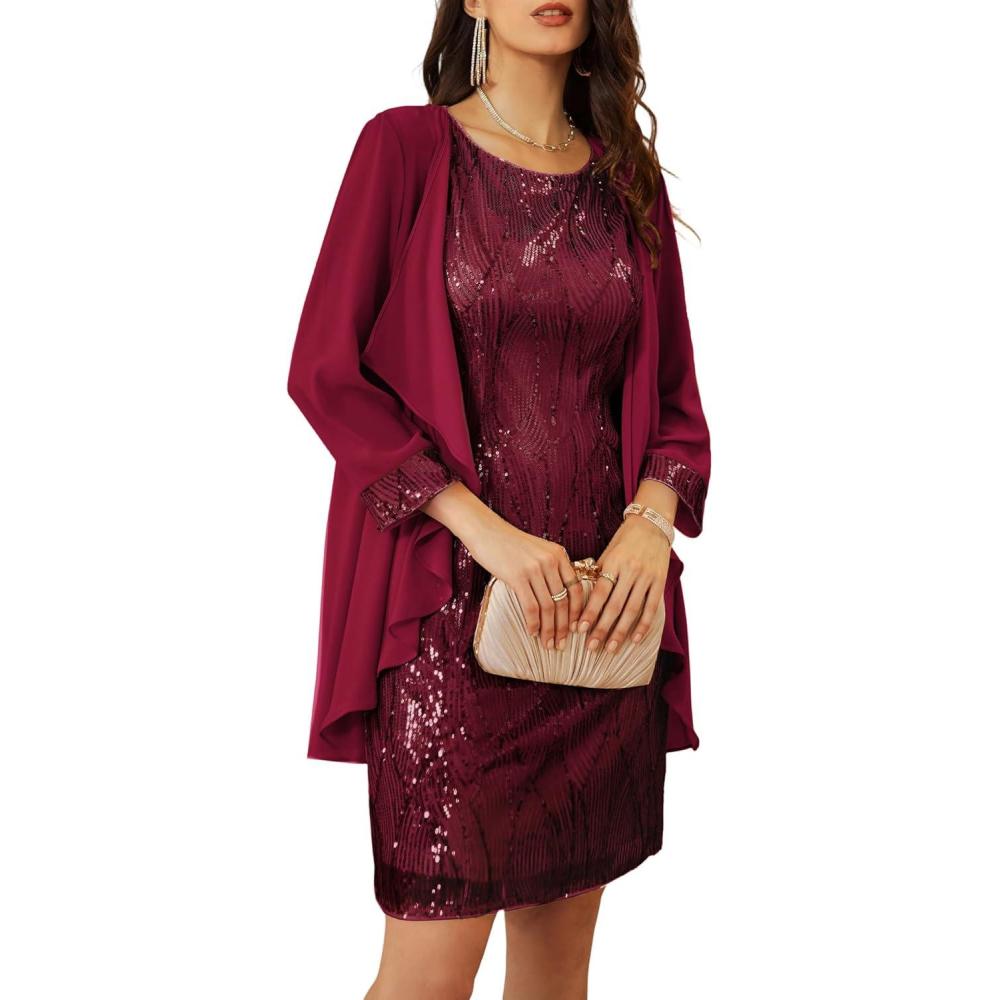 imageGRACE KARIN Womens Sequin Dress  Wedding Guest amp Mother of The Bride Formal Dress  Two Piece Knee LengthWine Red