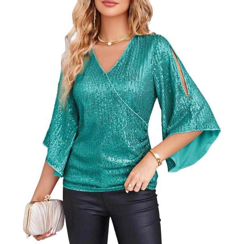 imageGRACE KARIN Womens Sparkly Sequin Tops34 Sleeve Glitter Party Dressy BlouseVNeck Disco Evening Club Concert ShirtAqua Green