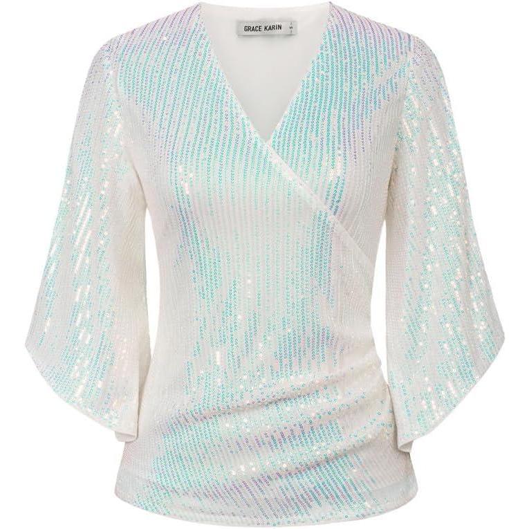 imageGRACE KARIN Womens Sparkly Sequin Tops34 Sleeve Glitter Party Dressy BlouseVNeck Disco Evening Club Concert ShirtColorful Silvery
