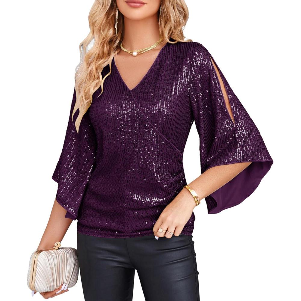 imageGRACE KARIN Womens Sparkly Sequin Tops34 Sleeve Glitter Party Dressy BlouseVNeck Disco Evening Club Concert ShirtDark Purple