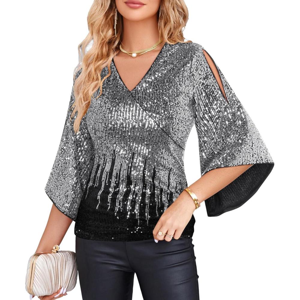 imageGRACE KARIN Womens Sparkly Sequin Tops34 Sleeve Glitter Party Dressy BlouseVNeck Disco Evening Club Concert ShirtSilver Black