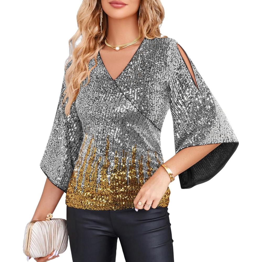 imageGRACE KARIN Womens Sparkly Sequin Tops34 Sleeve Glitter Party Dressy BlouseVNeck Disco Evening Club Concert ShirtSilver Gold