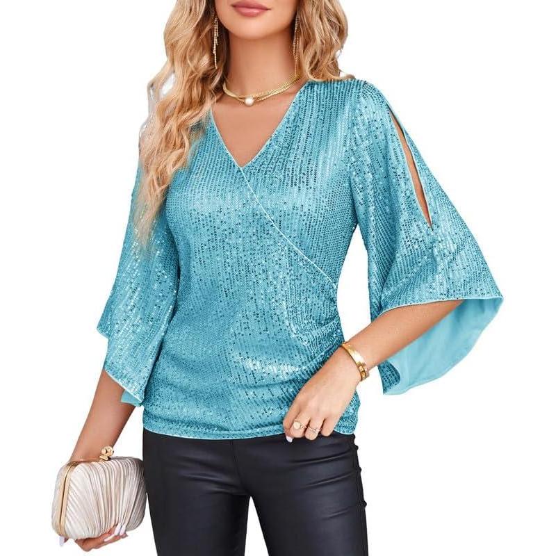 imageGRACE KARIN Womens Sparkly Sequin Tops34 Sleeve Glitter Party Dressy BlouseVNeck Disco Evening Club Concert ShirtSky Blue
