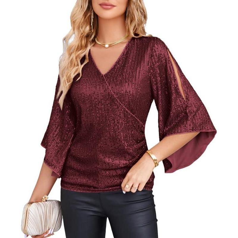 imageGRACE KARIN Womens Sparkly Sequin Tops34 Sleeve Glitter Party Dressy BlouseVNeck Disco Evening Club Concert ShirtWine Red