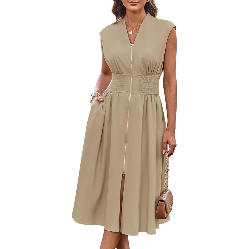 imageGRACE KARIN Womens Summer Casual Dress Business Office Work Dresses Cap Sleeve Zipper Front Flowy Midi Dress with PocketsApricot