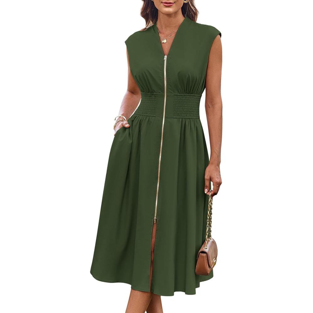 imageGRACE KARIN Womens Summer Casual Dress Business Office Work Dresses Cap Sleeve Zipper Front Flowy Midi Dress with PocketsArmy Green