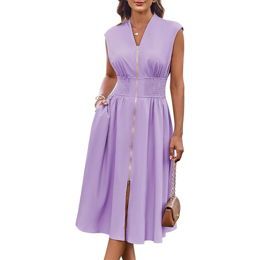 imageGRACE KARIN Womens Summer Casual Dress Business Office Work Dresses Cap Sleeve Zipper Front Flowy Midi Dress with PocketsLavender Purple