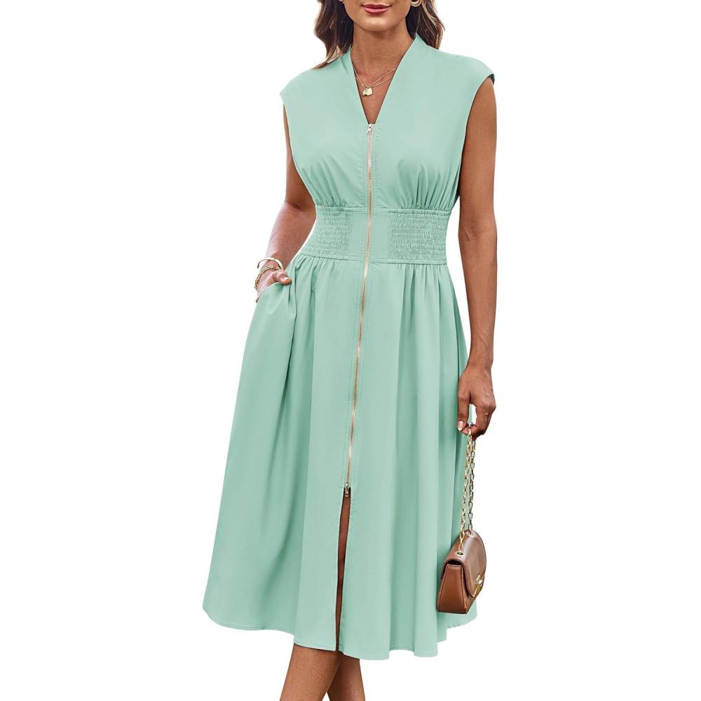 imageGRACE KARIN Womens Summer Casual Dress Business Office Work Dresses Cap Sleeve Zipper Front Flowy Midi Dress with PocketsSage Green