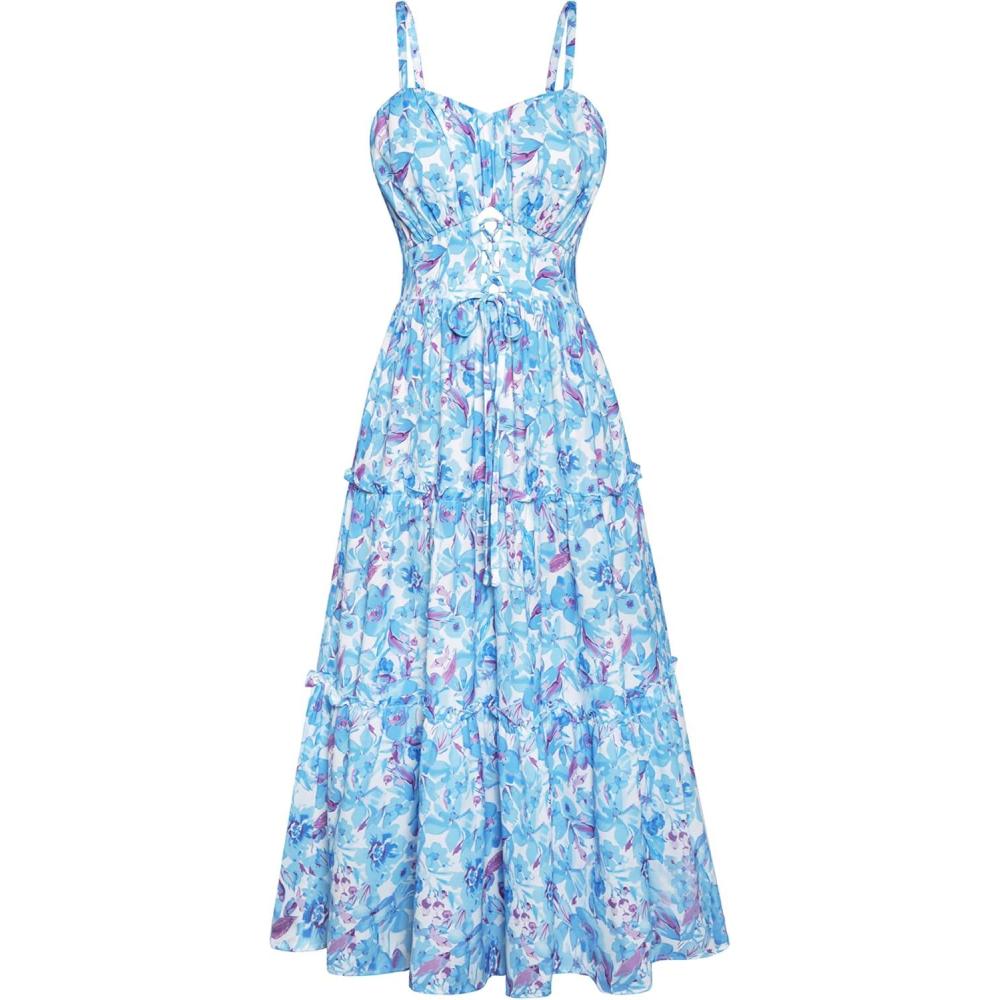 imageGRACE KARIN Womens Summer Floral Dress 2026 Boho Spaghetti Strap Smocked Tiered Casual Maxi Long Sundress with PocketsBlue Floral