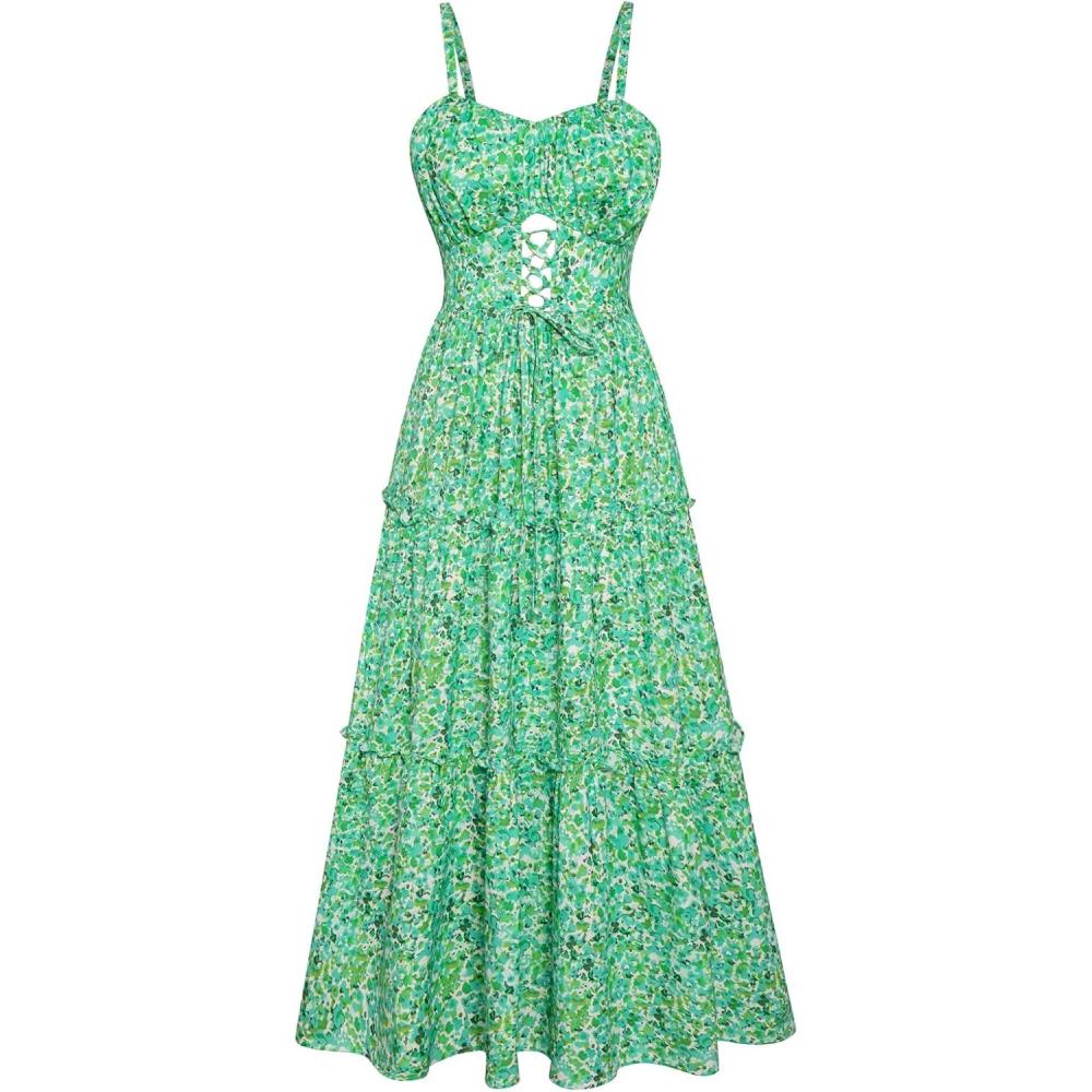 imageGRACE KARIN Womens Summer Floral Dress 2026 Boho Spaghetti Strap Smocked Tiered Casual Maxi Long Sundress with PocketsGreen Blue Floral