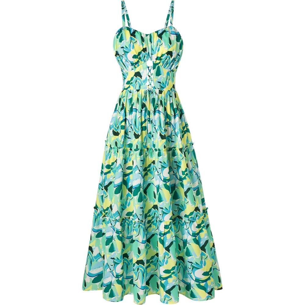 imageGRACE KARIN Womens Summer Floral Dress 2026 Boho Spaghetti Strap Smocked Tiered Casual Maxi Long Sundress with PocketsGreen Yellow Floral