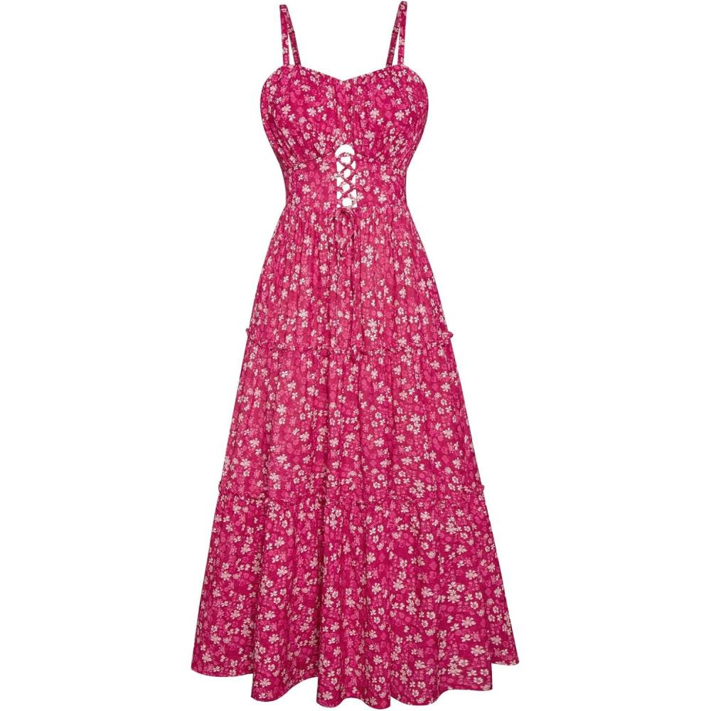 imageGRACE KARIN Womens Summer Floral Dress 2026 Boho Spaghetti Strap Smocked Tiered Casual Maxi Long Sundress with PocketsRose Red Floral