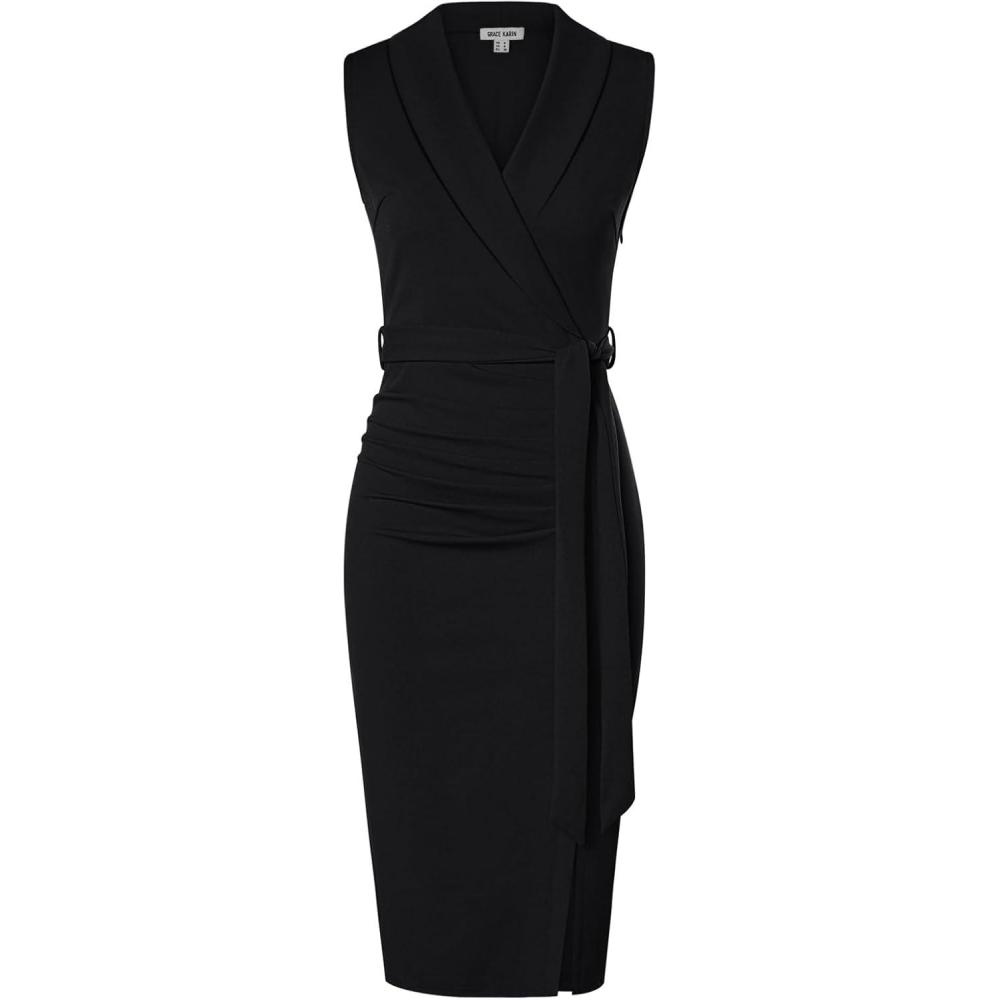 imageGRACE KARIN Womens Wear to Work Sleeveless Ruched Bodycon Office Pencil Midi Dresses with BeltBlack