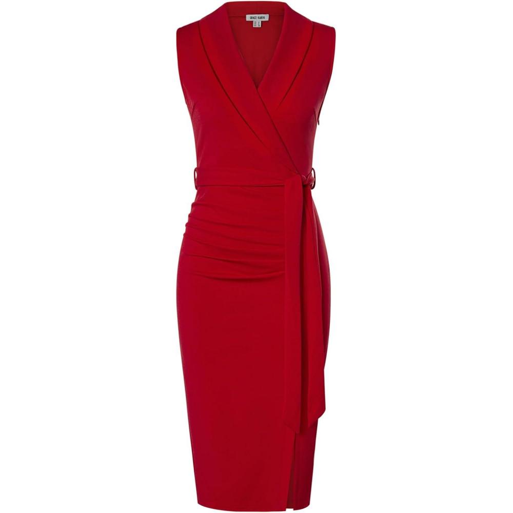 imageGRACE KARIN Womens Wear to Work Sleeveless Ruched Bodycon Office Pencil Midi Dresses with BeltDeep Red