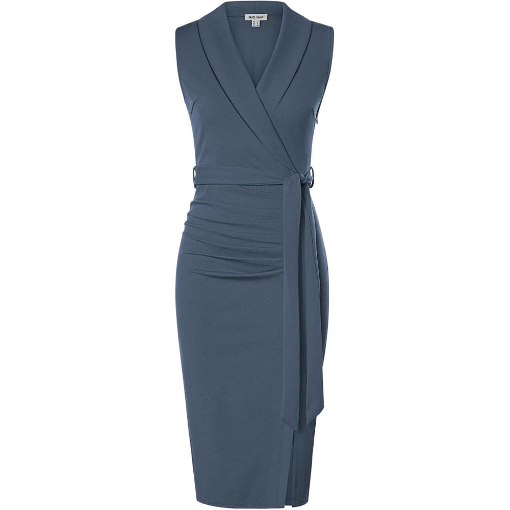 imageGRACE KARIN Womens Wear to Work Sleeveless Ruched Bodycon Office Pencil Midi Dresses with BeltGray Blue
