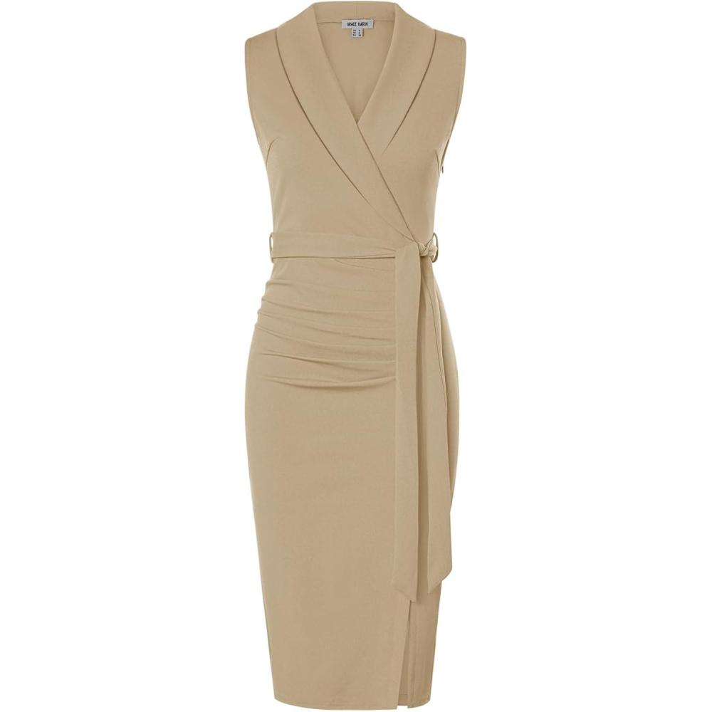 imageGRACE KARIN Womens Wear to Work Sleeveless Ruched Bodycon Office Pencil Midi Dresses with BeltKhaki