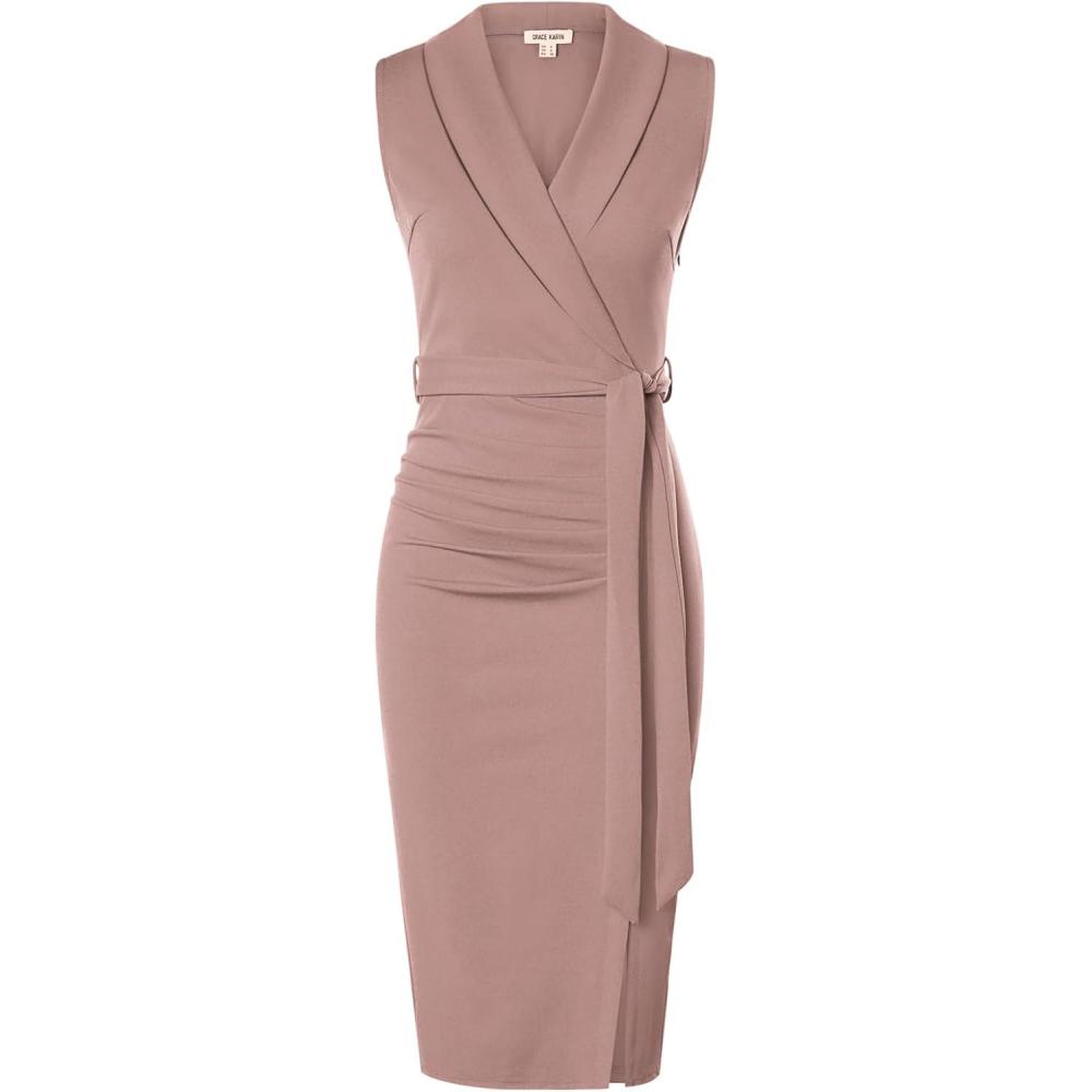 imageGRACE KARIN Womens Wear to Work Sleeveless Ruched Bodycon Office Pencil Midi Dresses with BeltLeather Pink
