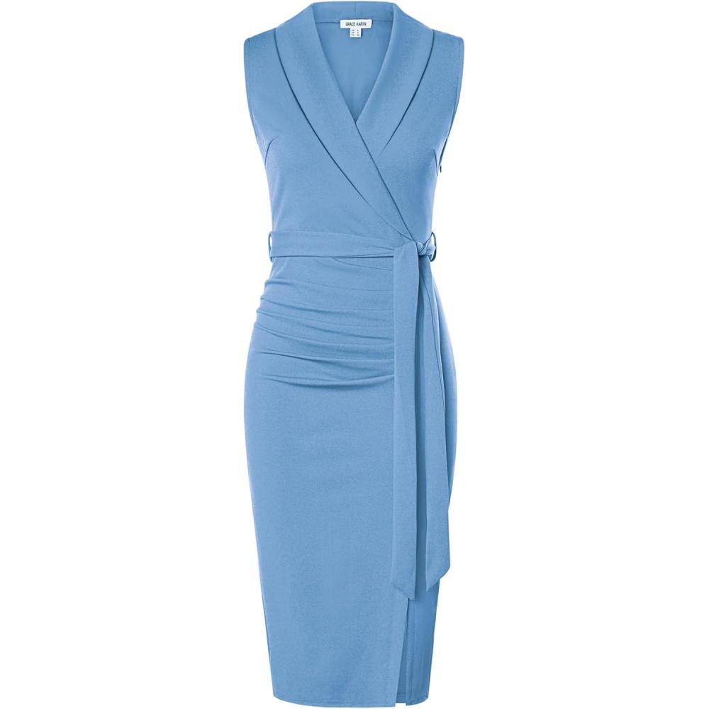 imageGRACE KARIN Womens Wear to Work Sleeveless Ruched Bodycon Office Pencil Midi Dresses with BeltLight Blue