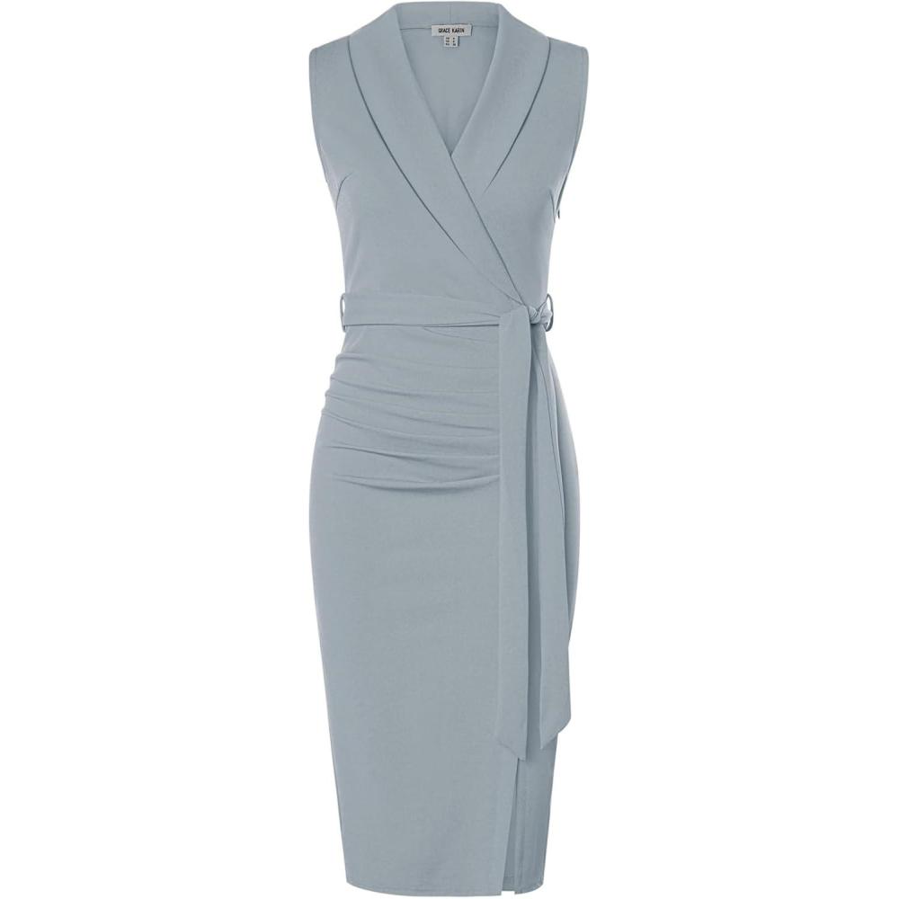 imageGRACE KARIN Womens Wear to Work Sleeveless Ruched Bodycon Office Pencil Midi Dresses with BeltLight Grey