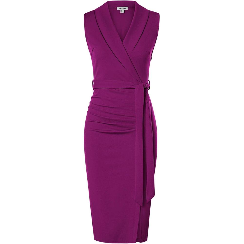imageGRACE KARIN Womens Wear to Work Sleeveless Ruched Bodycon Office Pencil Midi Dresses with BeltPink Purple