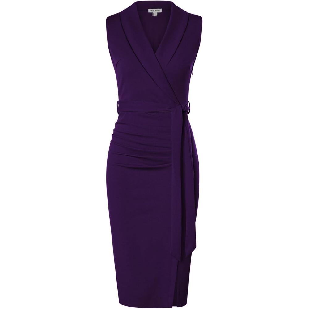 imageGRACE KARIN Womens Wear to Work Sleeveless Ruched Bodycon Office Pencil Midi Dresses with BeltRose Purple