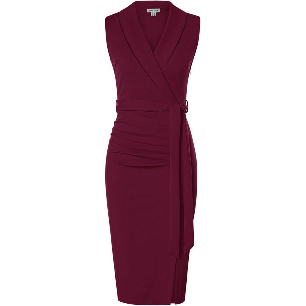 imageGRACE KARIN Womens Wear to Work Sleeveless Ruched Bodycon Office Pencil Midi Dresses with BeltWine Red