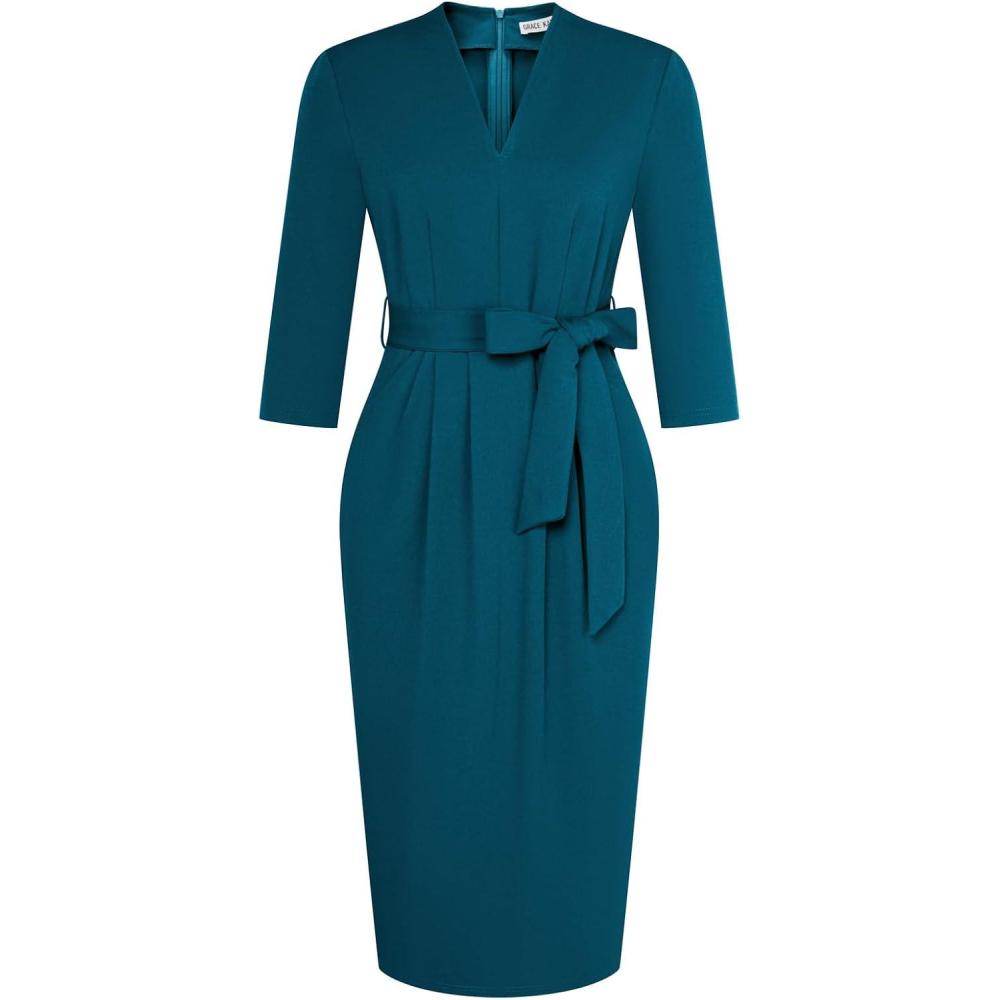 imageGRACE KARIN Womens Work Dresses V Neck 34 Sleeve Back Zipper Tie Waist Bodycon Dress Office Cocktail Dress with PocketsBlue