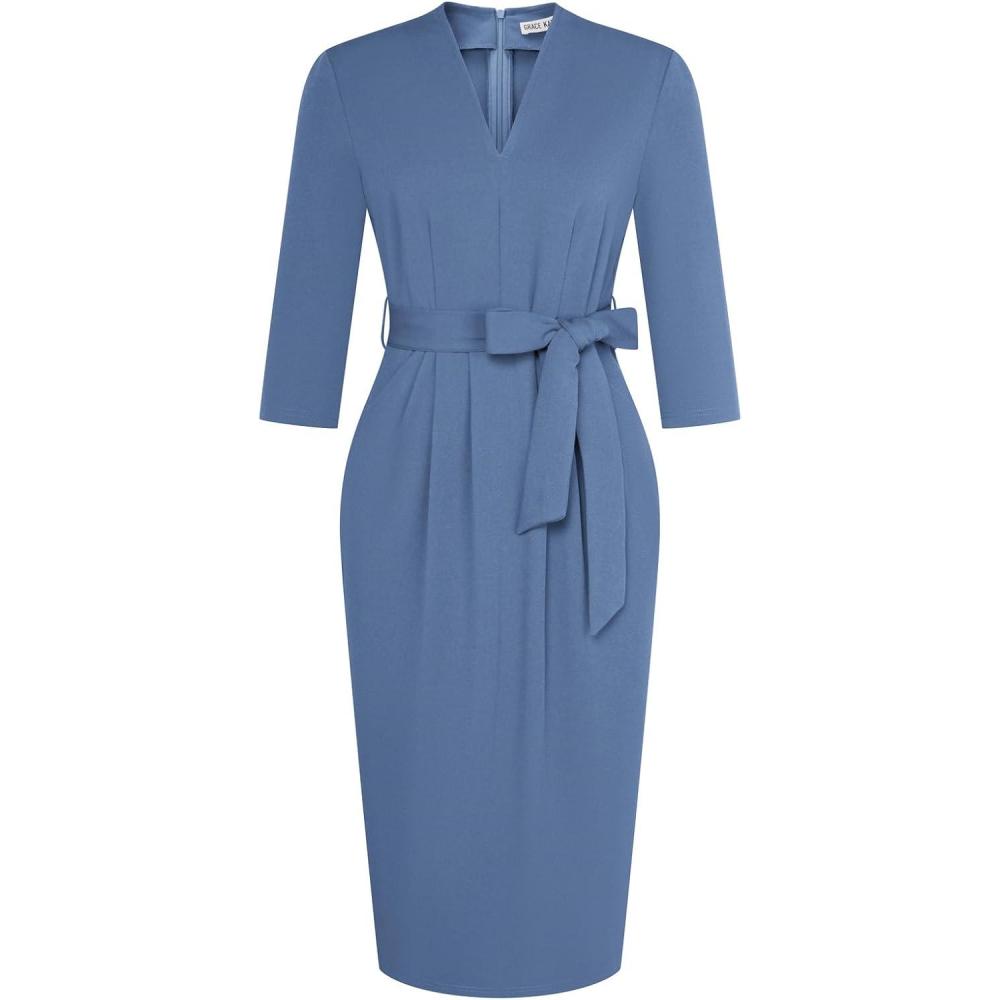 imageGRACE KARIN Womens Work Dresses V Neck 34 Sleeve Back Zipper Tie Waist Bodycon Dress Office Cocktail Dress with PocketsDusty Blue