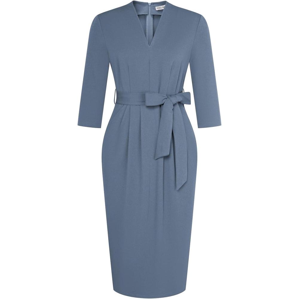 imageGRACE KARIN Womens Work Dresses V Neck 34 Sleeve Back Zipper Tie Waist Bodycon Dress Office Cocktail Dress with PocketsGray Blue