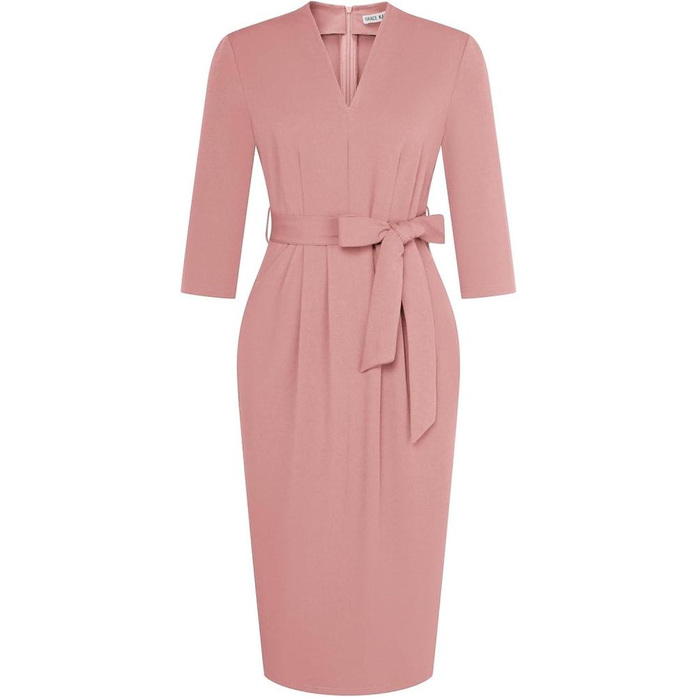 imageGRACE KARIN Womens Work Dresses V Neck 34 Sleeve Back Zipper Tie Waist Bodycon Dress Office Cocktail Dress with PocketsGray Pink