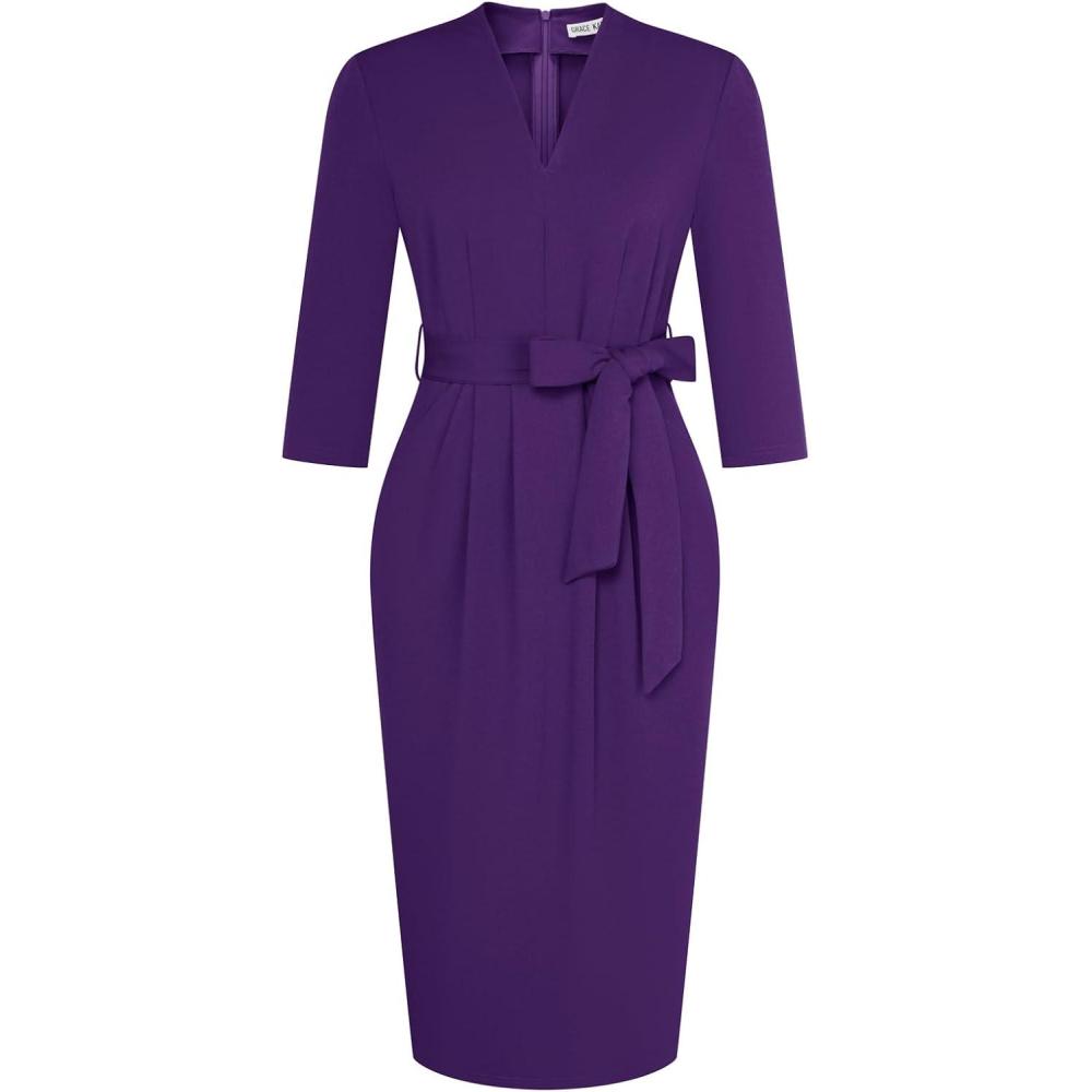 imageGRACE KARIN Womens Work Dresses V Neck 34 Sleeve Back Zipper Tie Waist Bodycon Dress Office Cocktail Dress with PocketsPurple