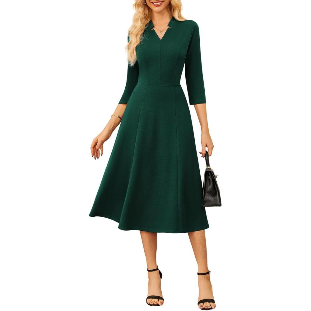 imageGRACE KARIN Work Dresses for Women 2025Midi Business Dress34 Sleeve Classy Fit and Flare Dress with PocketDark Green