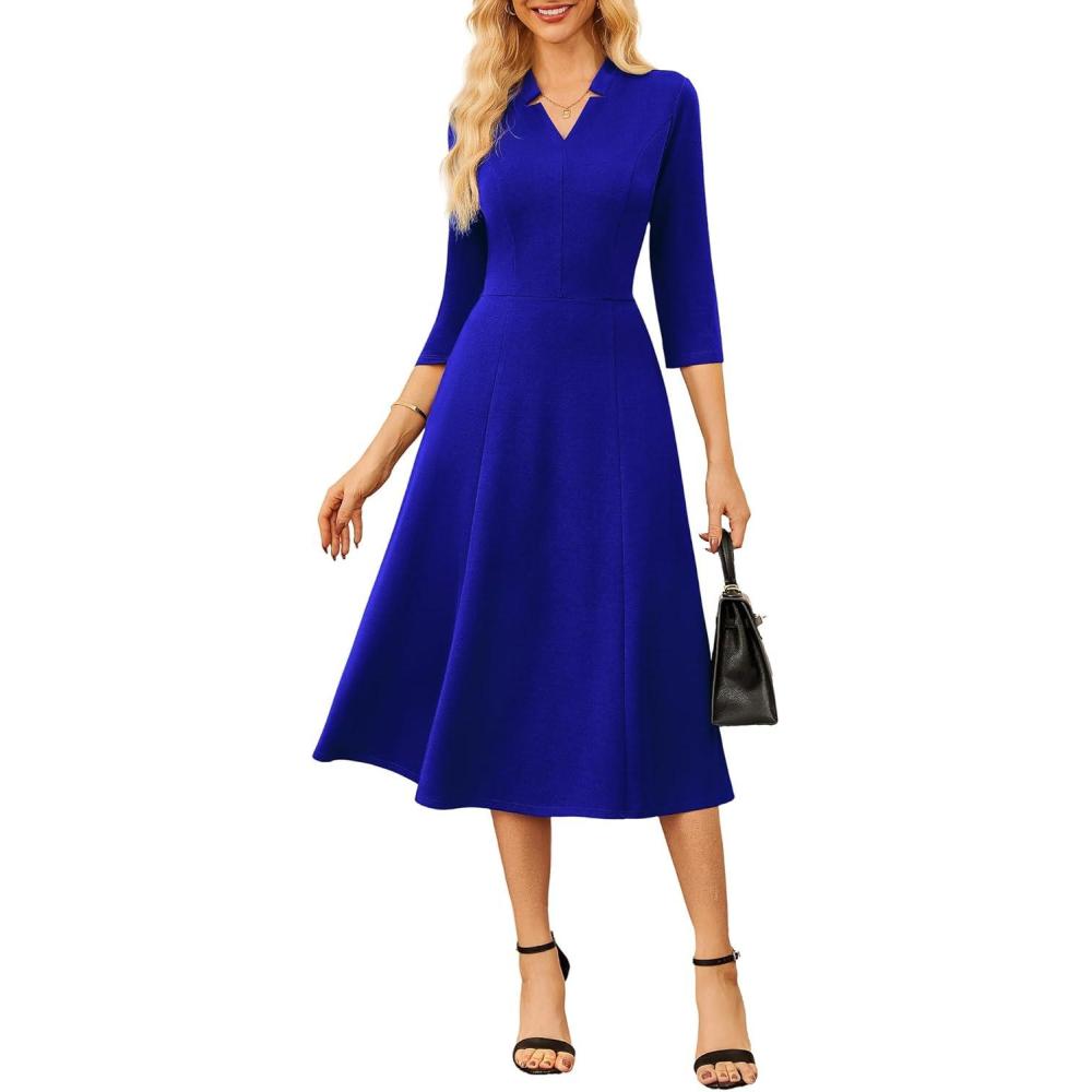 imageGRACE KARIN Work Dresses for Women 2025Midi Business Dress34 Sleeve Classy Fit and Flare Dress with PocketRoyal Blue
