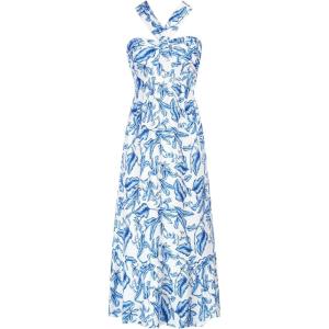GRACE KARIN 2025 Women’s Criss Cross Halterneck Sleeveless Summer Floral Print Flowy A Line Maxi Dress(White Blue)