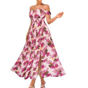 GRACE KARIN 2025 Women’s Summer Floral Print Flowy A Line Maxi Dresses Sleeveless Smocked Off Shoulder Dress(Apricot Purple)