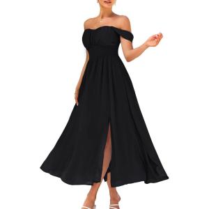 GRACE KARIN 2025 Women’s Summer Floral Print Flowy A Line Maxi Dresses Sleeveless Smocked Off Shoulder Dress(Black)