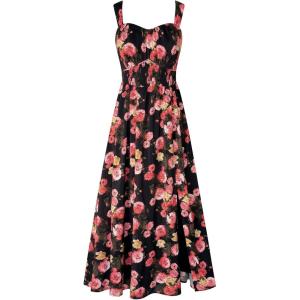 GRACE KARIN 2025 Women’s Summer Floral Print Flowy A Line Maxi Dresses Sleeveless Smocked Off Shoulder Dress(Black Red)
