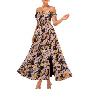 GRACE KARIN 2025 Women’s Summer Floral Print Flowy A Line Maxi Dresses Sleeveless Smocked Off Shoulder Dress(Black Yellow)