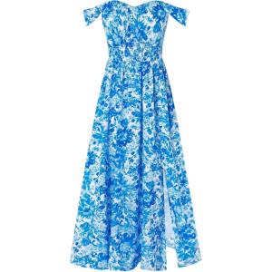 GRACE KARIN 2025 Women’s Summer Floral Print Flowy A Line Maxi Dresses Sleeveless Smocked Off Shoulder Dress(Blue Floral)