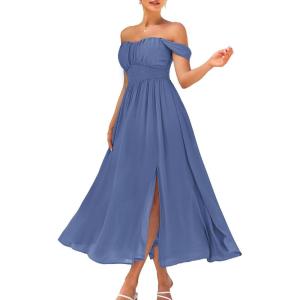 GRACE KARIN 2025 Women’s Summer Floral Print Flowy A Line Maxi Dresses Sleeveless Smocked Off Shoulder Dress(Blue Gray)